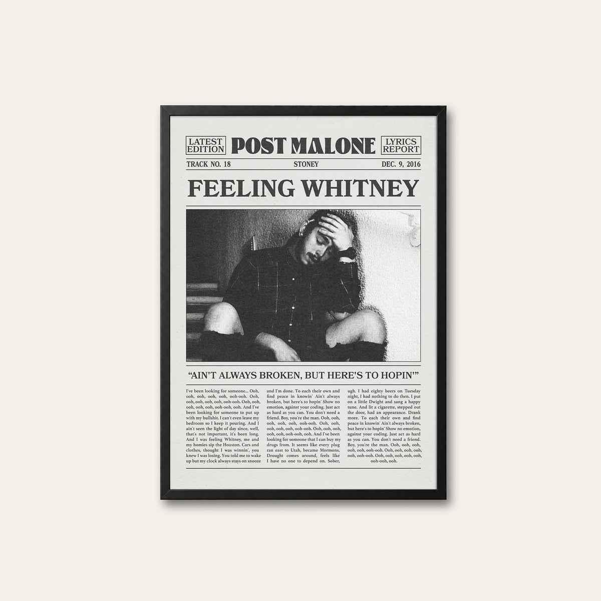 Post Malone Feeling Whitney newspaper poster — black frame
