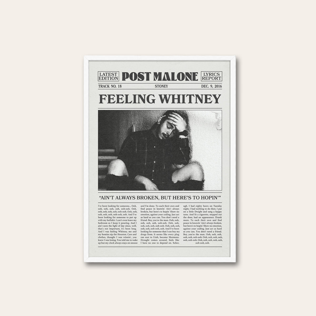 Post Malone Feeling Whitney newspaper poster — white frame