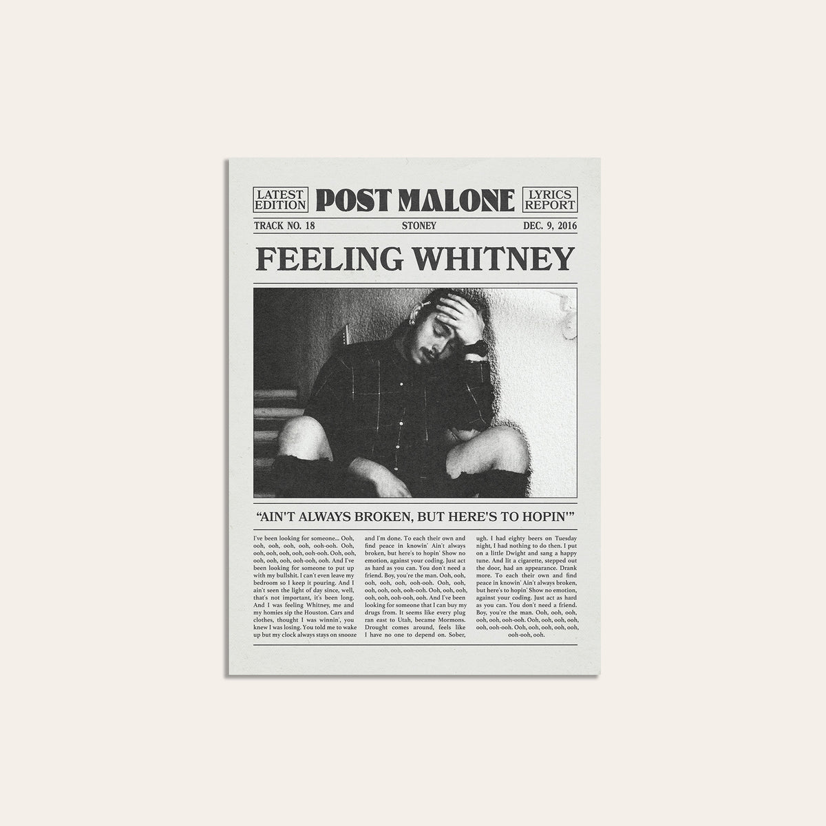 Post Malone Feeling Whitney newspaper poster — unframed print