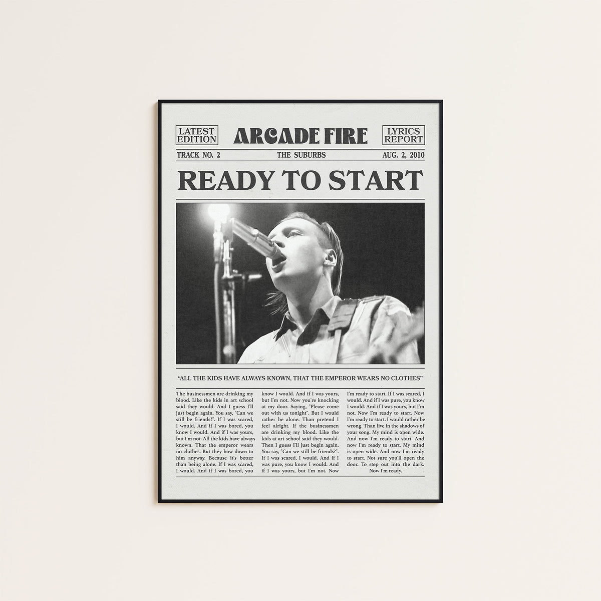 Arcade Fire Ready to Start newspaper poster — black frame display