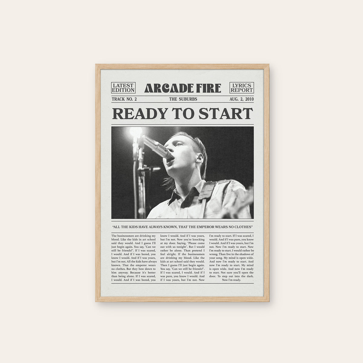 Arcade Fire Ready to Start newspaper poster — natural wood frame