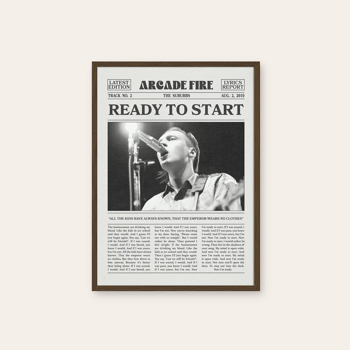 Arcade Fire Ready to Start newspaper poster — dark wood frame
