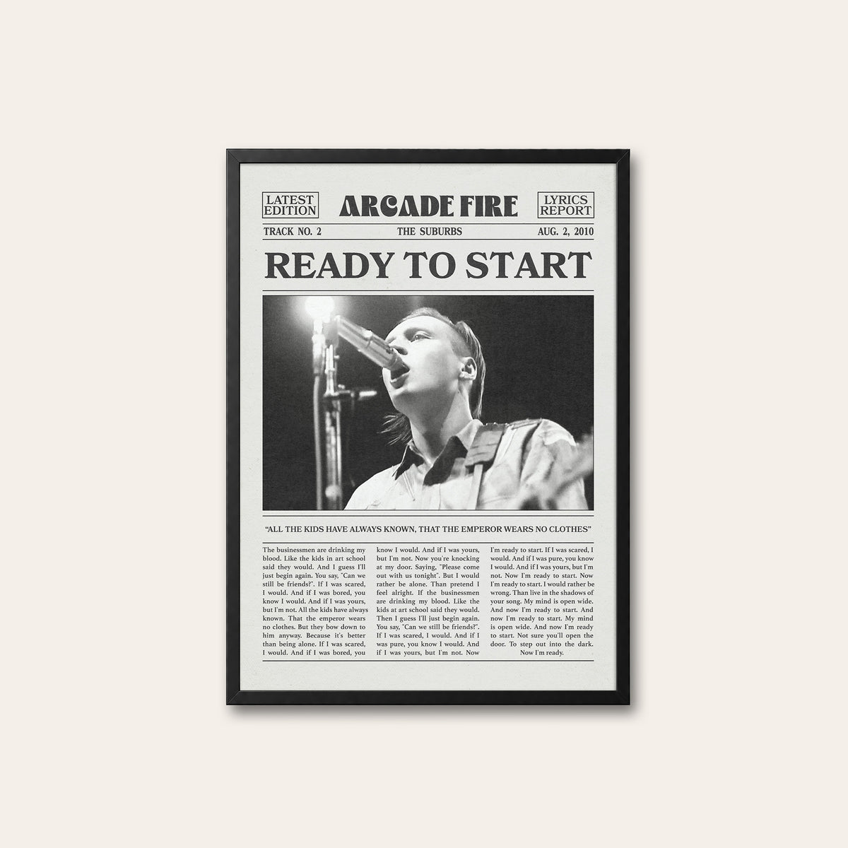 Arcade Fire Ready to Start newspaper poster — black frame