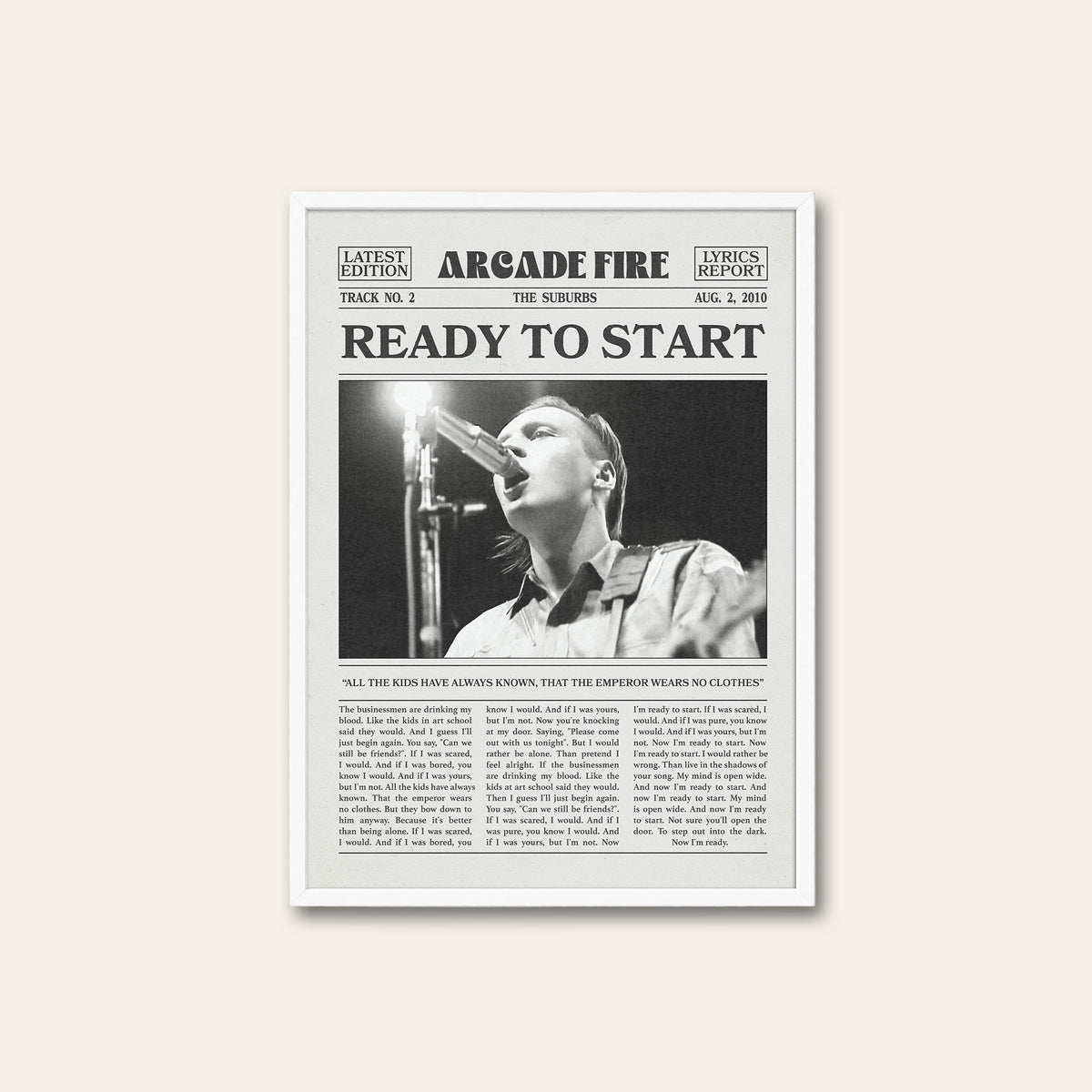 Arcade Fire Ready to Start newspaper poster — white frame