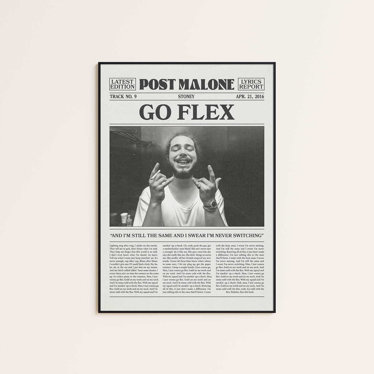 Post Malone Go Flex newspaper poster — black frame display