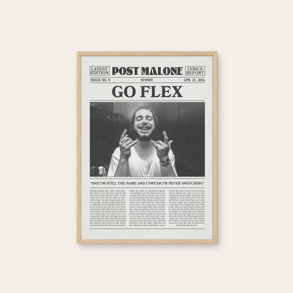 Post Malone Go Flex newspaper poster — natural wood frame