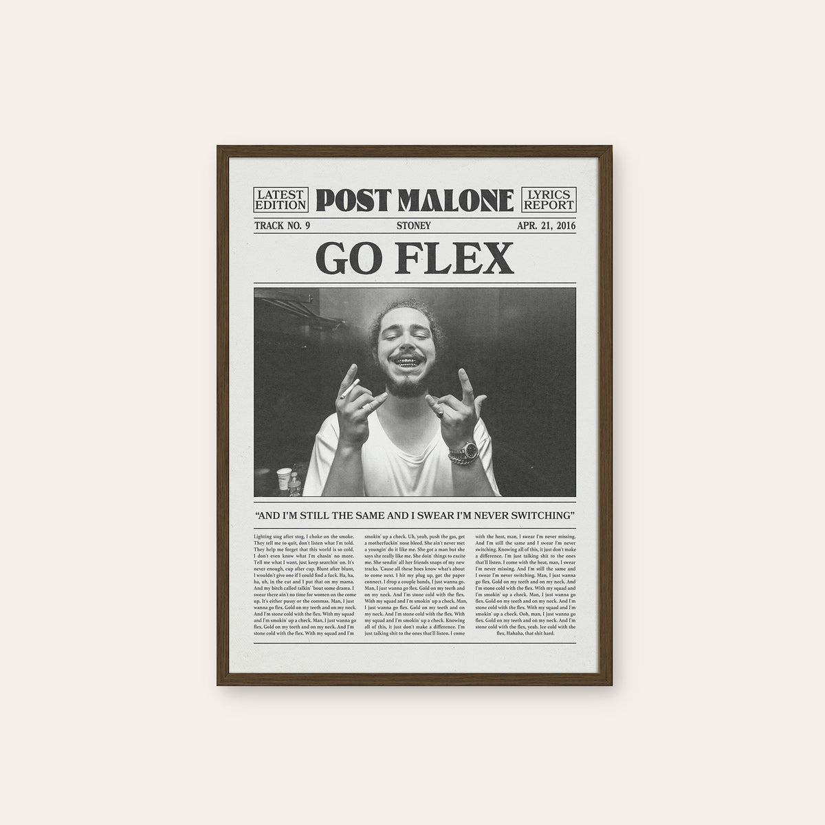 Post Malone Go Flex newspaper poster — dark wood frame
