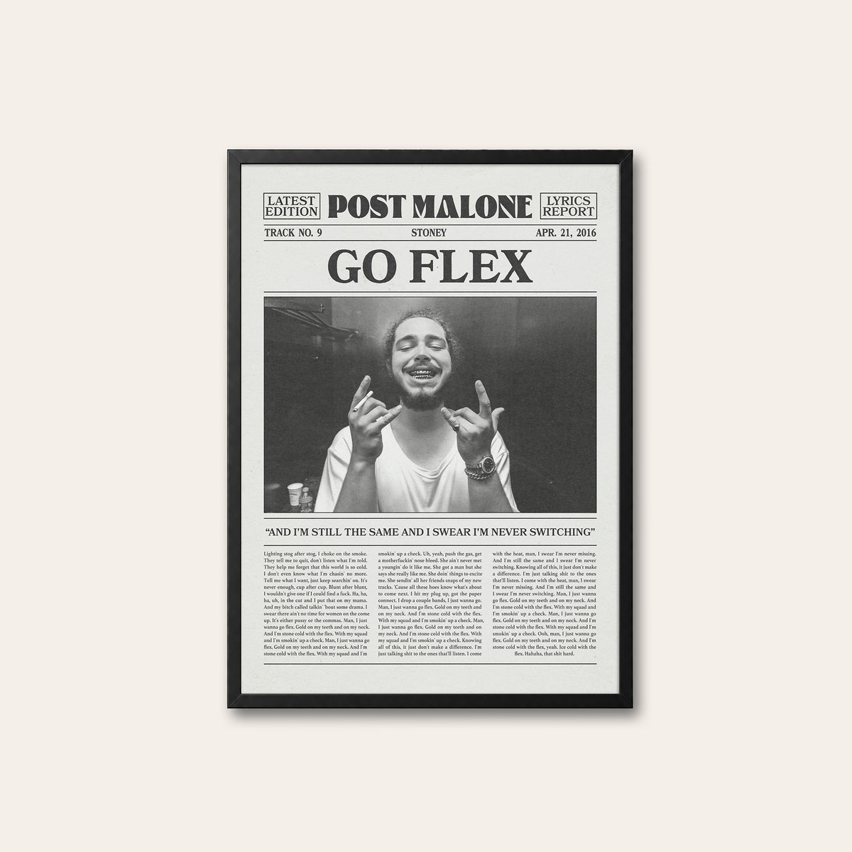 Post Malone Go Flex newspaper poster — black frame