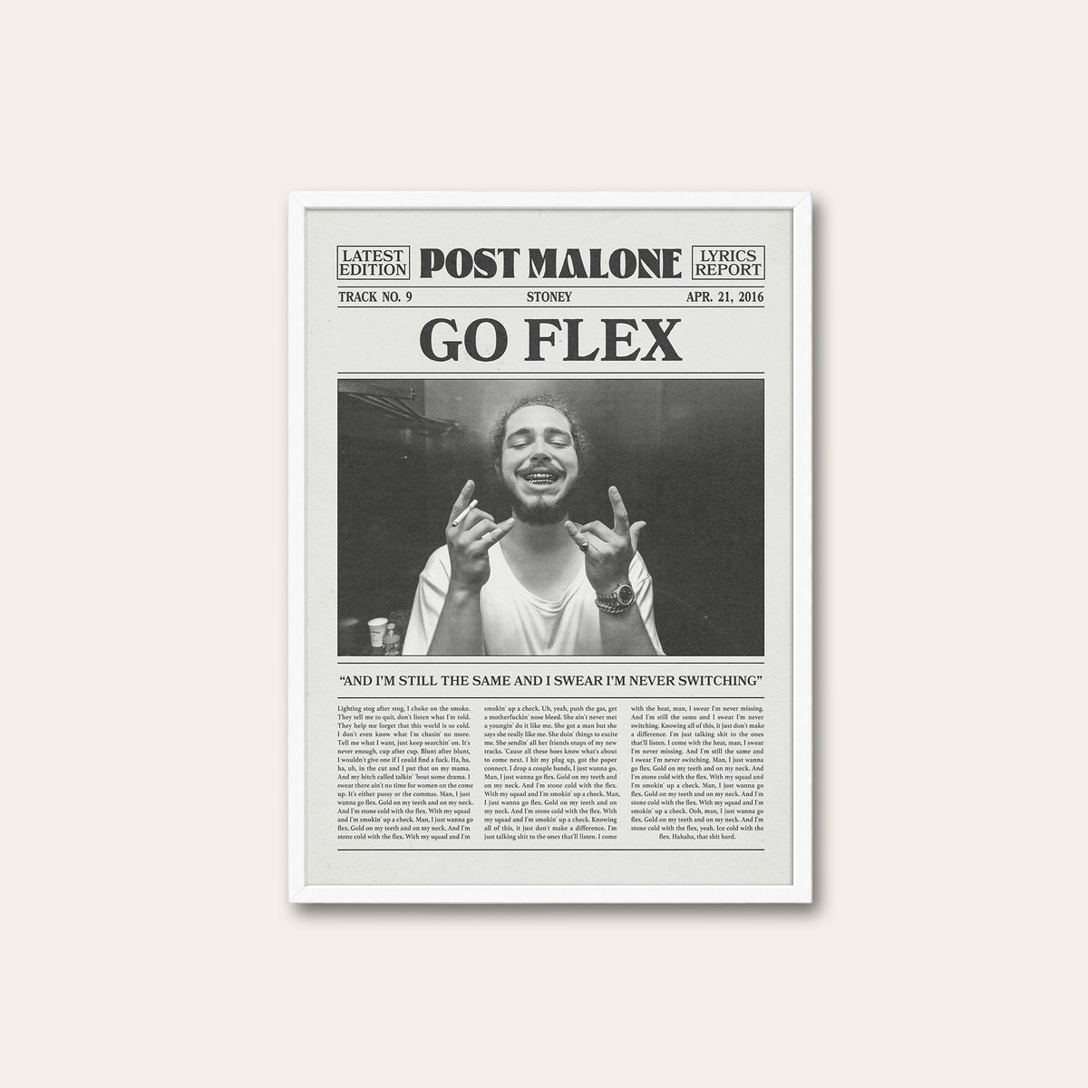 Post Malone Go Flex newspaper poster — white frame