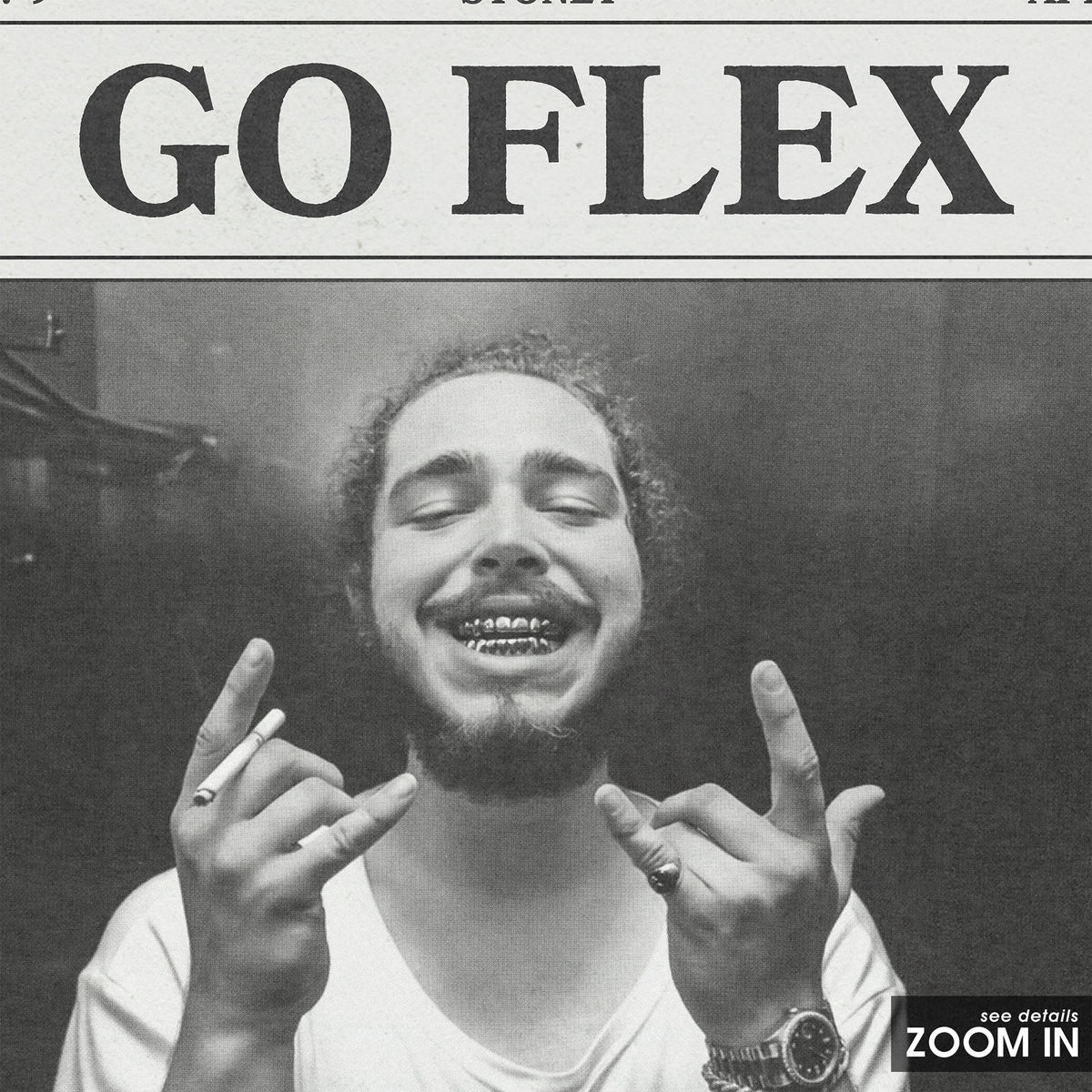 Post Malone Go Flex newspaper poster — close-up detail