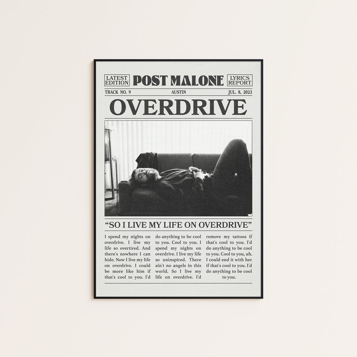 Post Malone Overdrive newspaper poster — black frame display