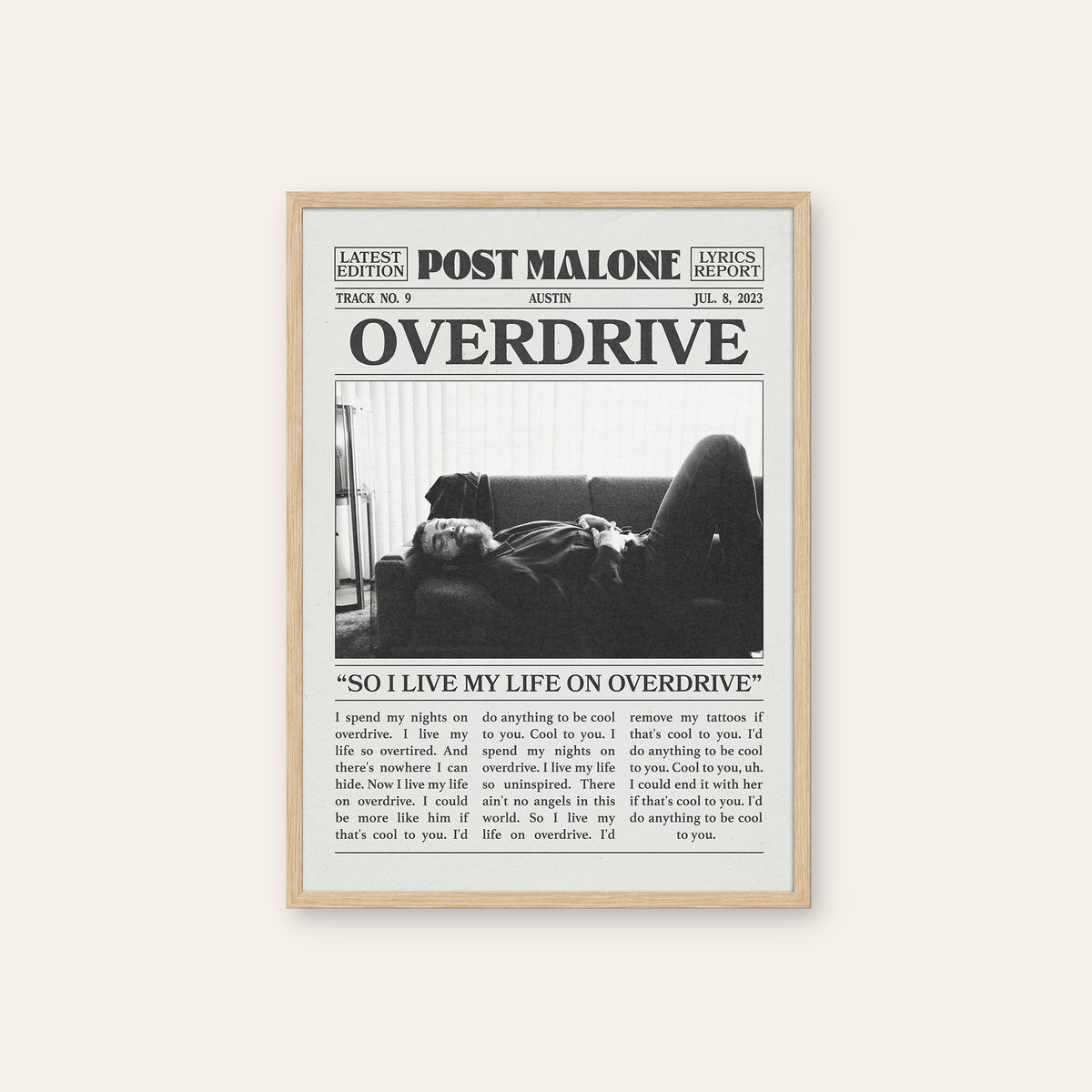Post Malone Overdrive newspaper poster — natural wood frame