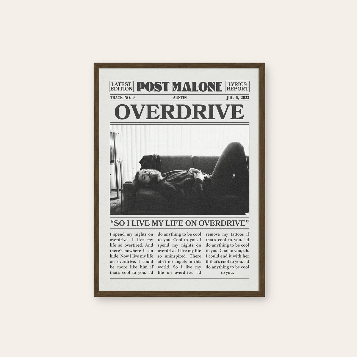 Post Malone Overdrive newspaper poster — dark wood frame