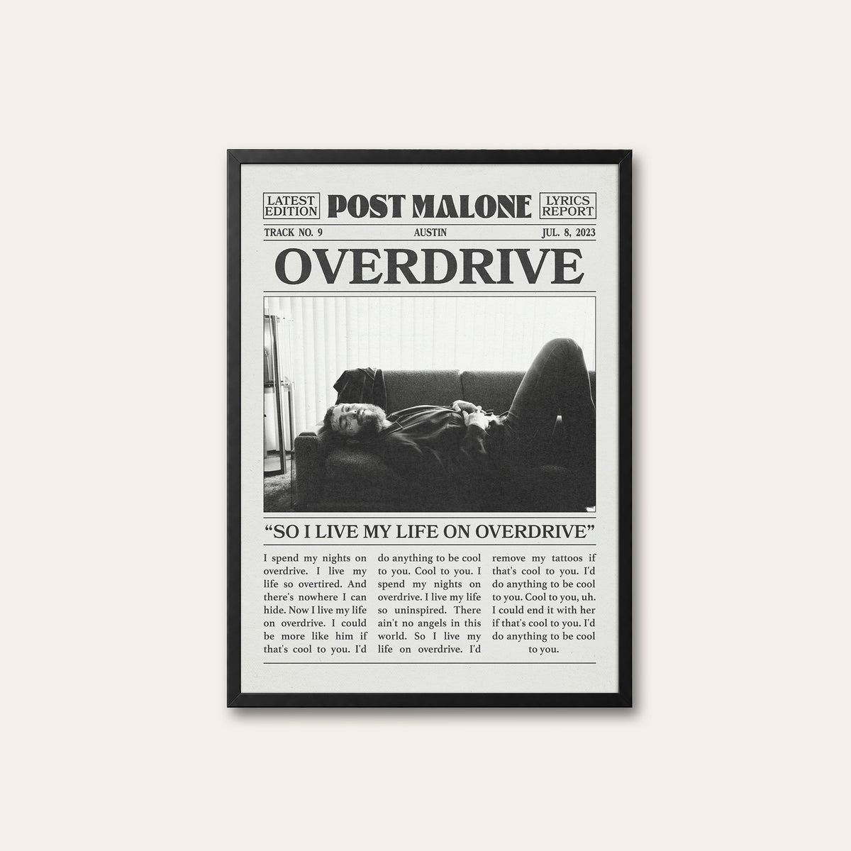 Post Malone Overdrive newspaper poster — black frame