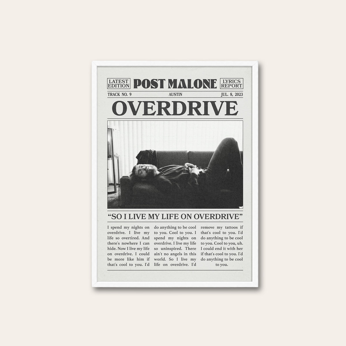 Post Malone Overdrive newspaper poster — white frame