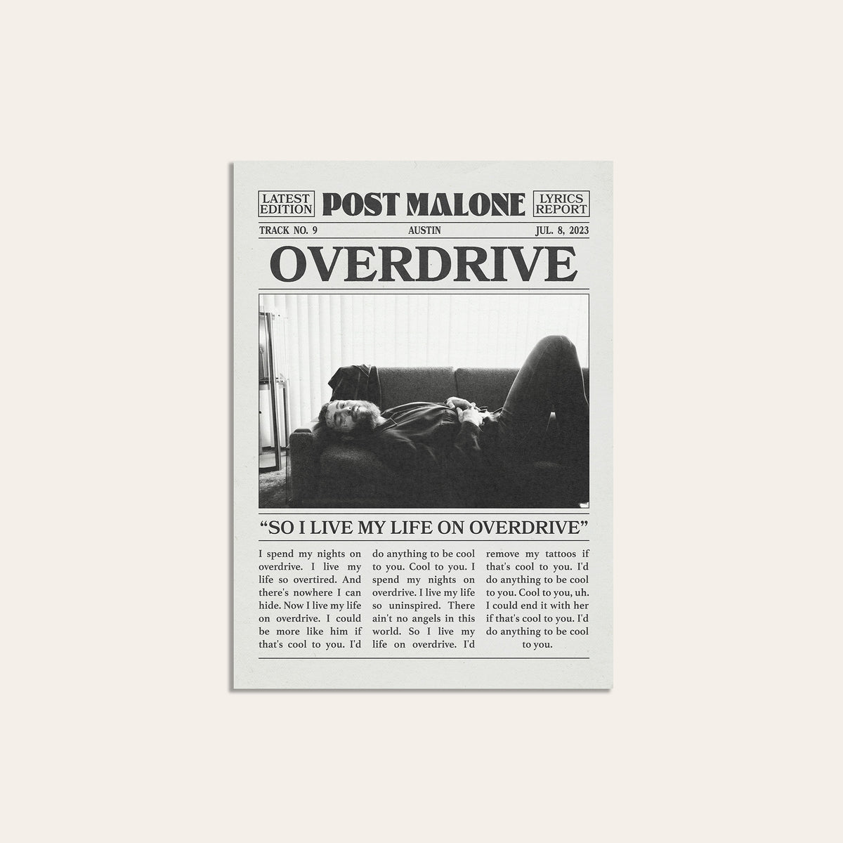 Post Malone Overdrive newspaper poster — unframed print