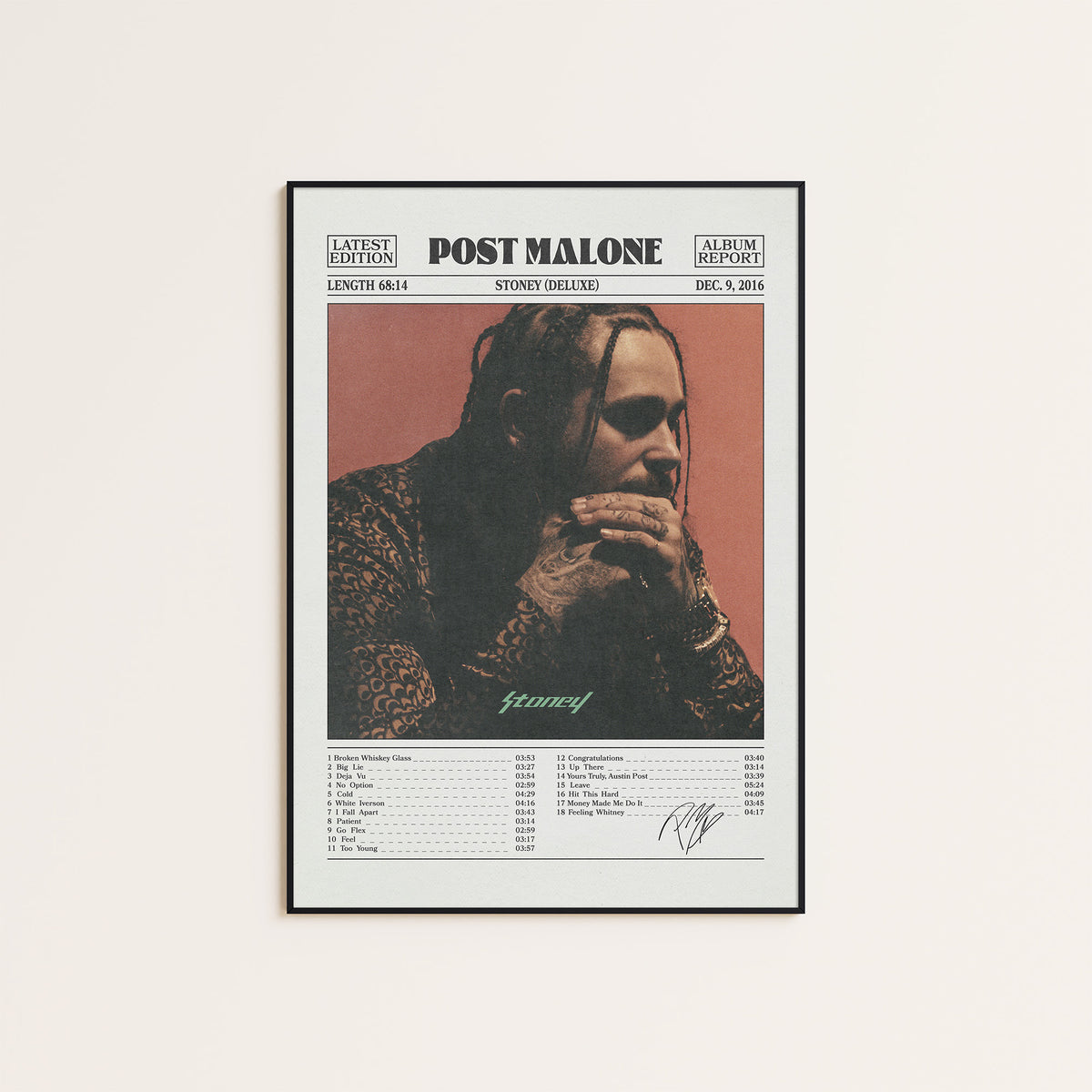 Post Malone Stoney album poster — black frame display