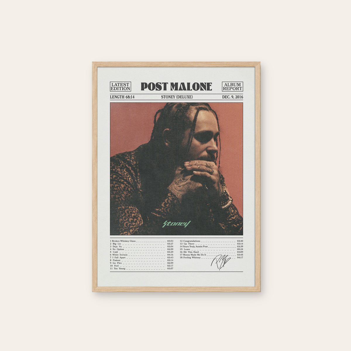 Post Malone Stoney album poster — natural wood frame