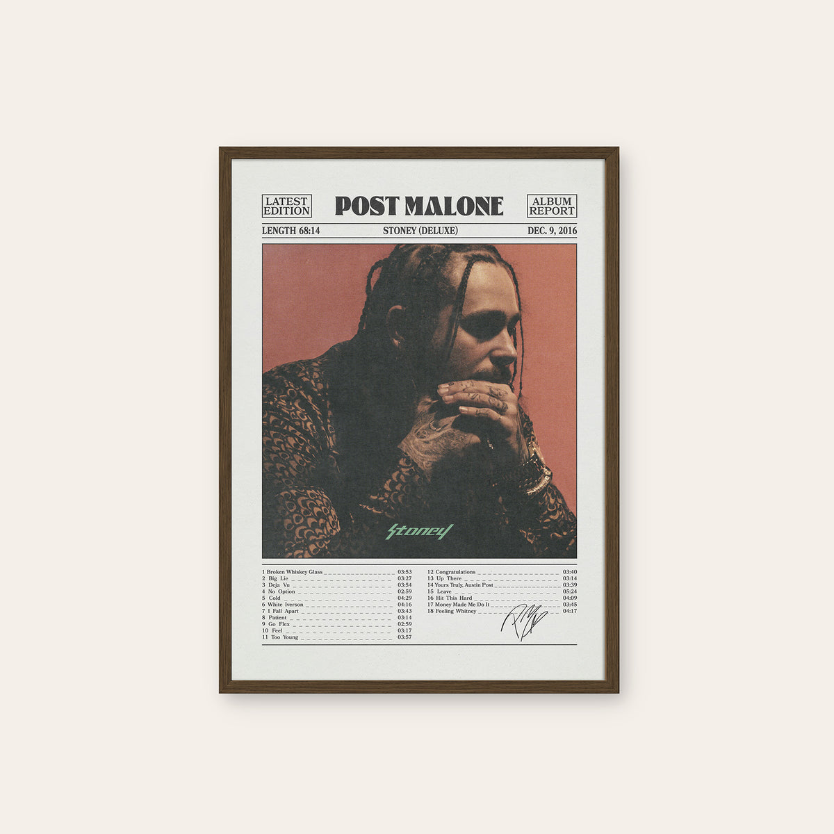 Post Malone Stoney album poster — dark wood frame
