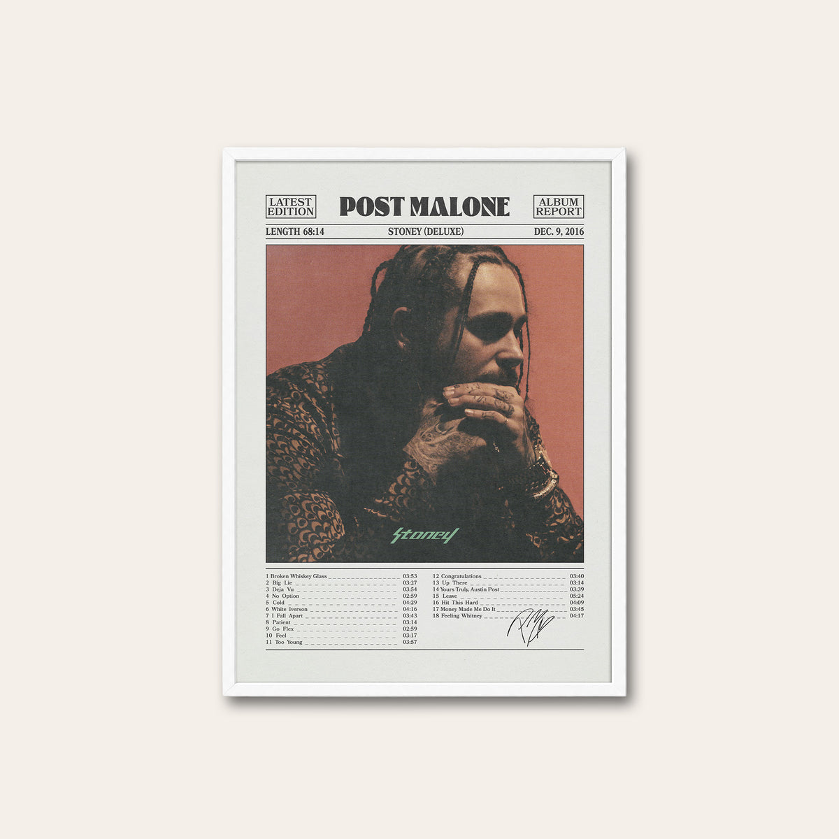 Post Malone Stoney album poster — white frame