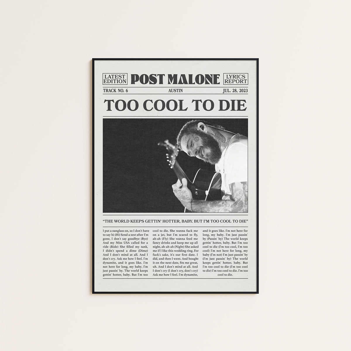 Post Malone Too Cool to Die newspaper poster — black frame display