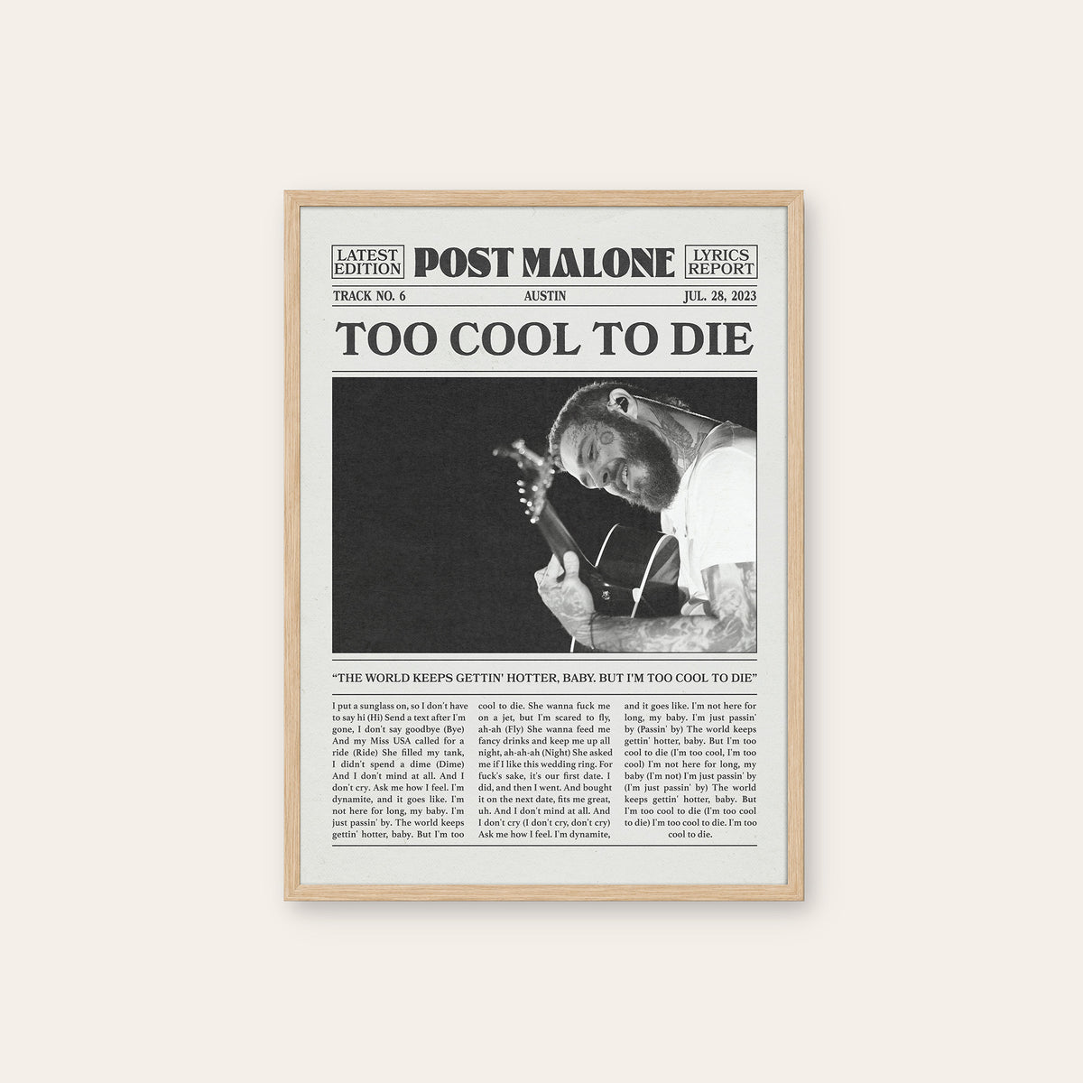 Post Malone Too Cool to Die newspaper poster — natural wood frame