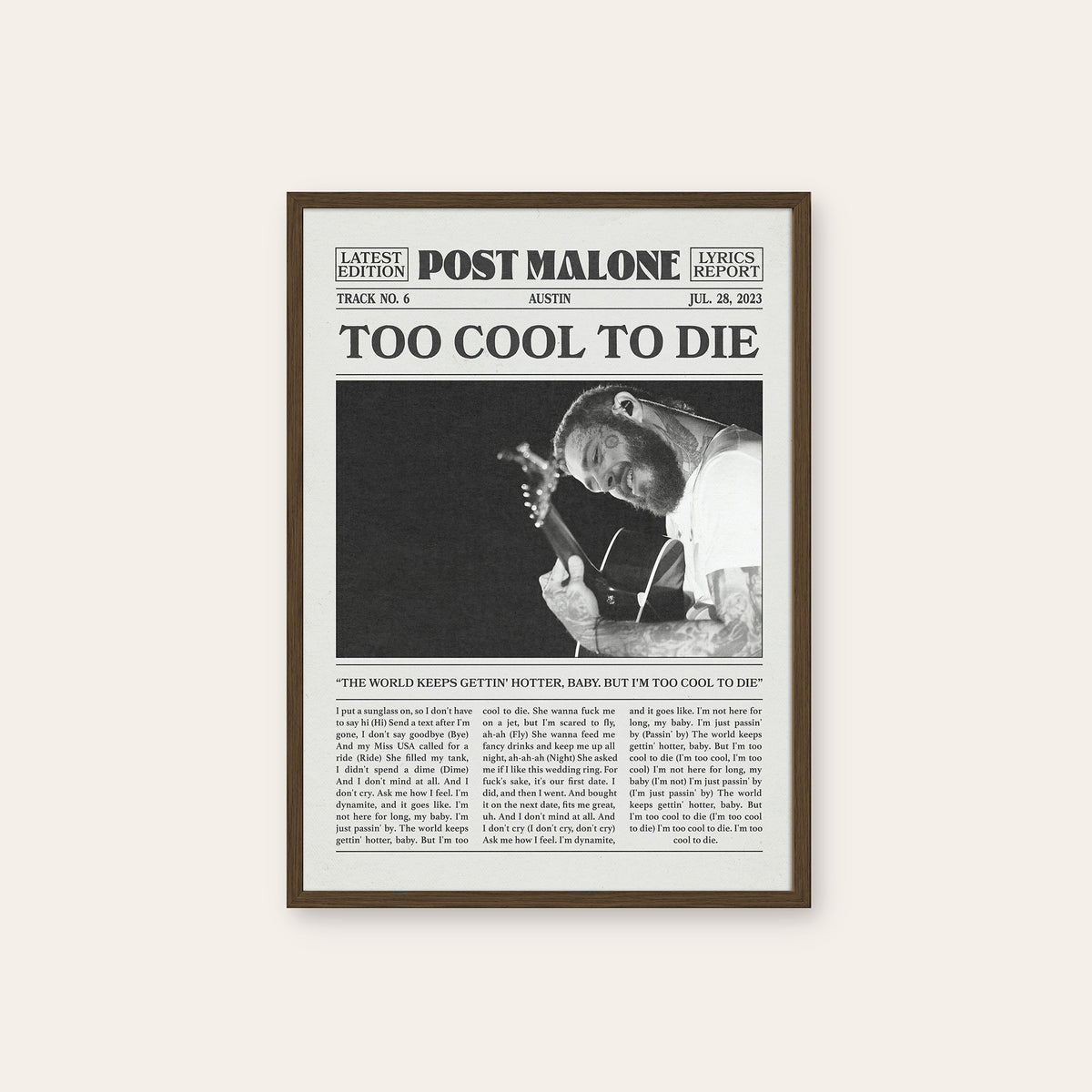Post Malone Too Cool to Die newspaper poster — dark wood frame