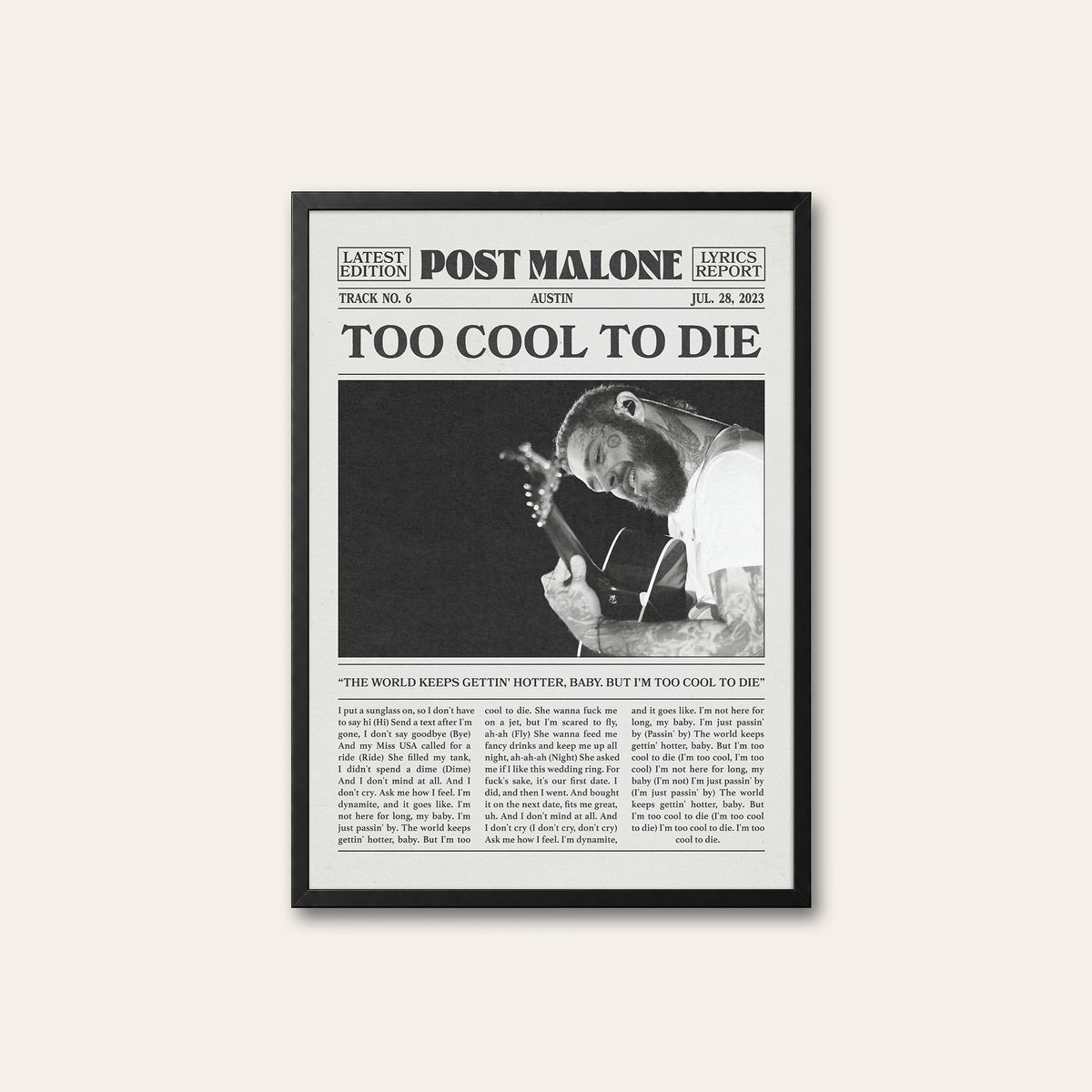 Post Malone Too Cool to Die newspaper poster — black frame