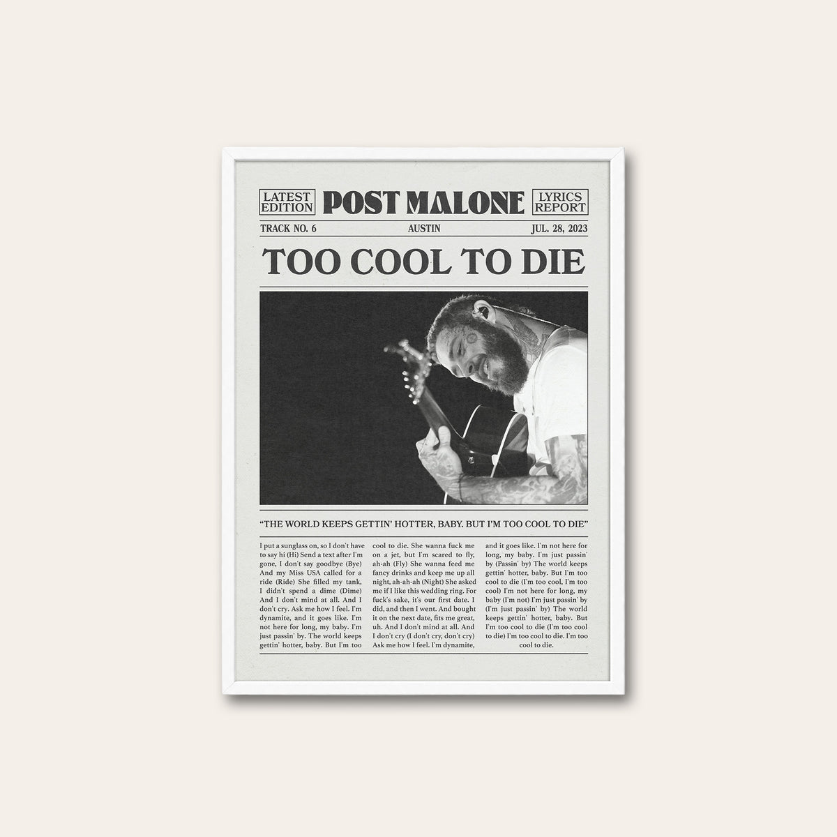 Post Malone Too Cool to Die newspaper poster — white frame