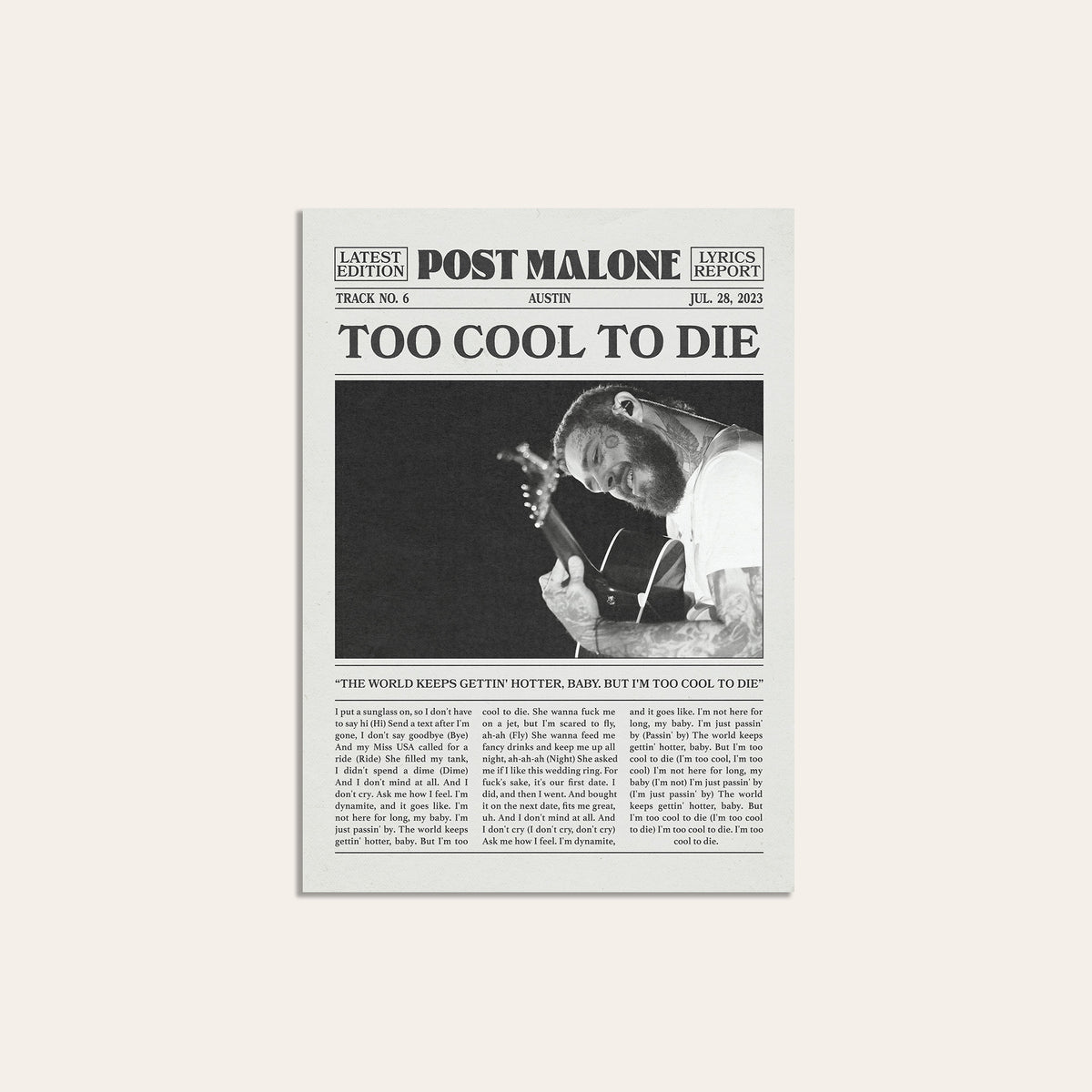 Post Malone Too Cool to Die newspaper poster — unframed print