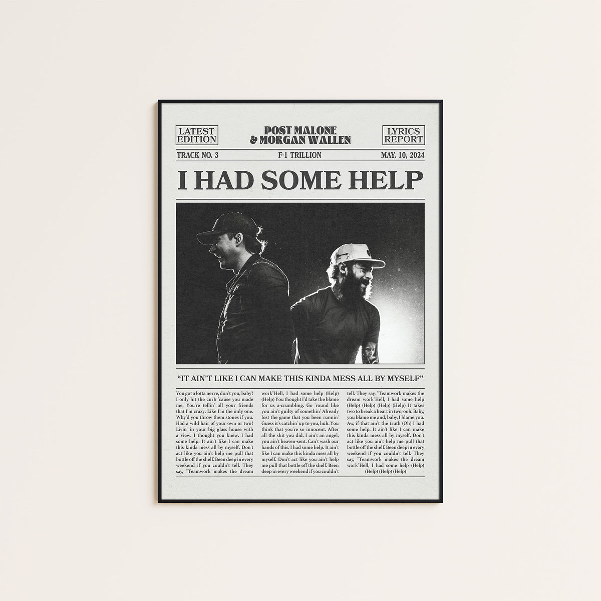 Post Malone & Morgan Wallen I Had Some Help newspaper poster — black frame display