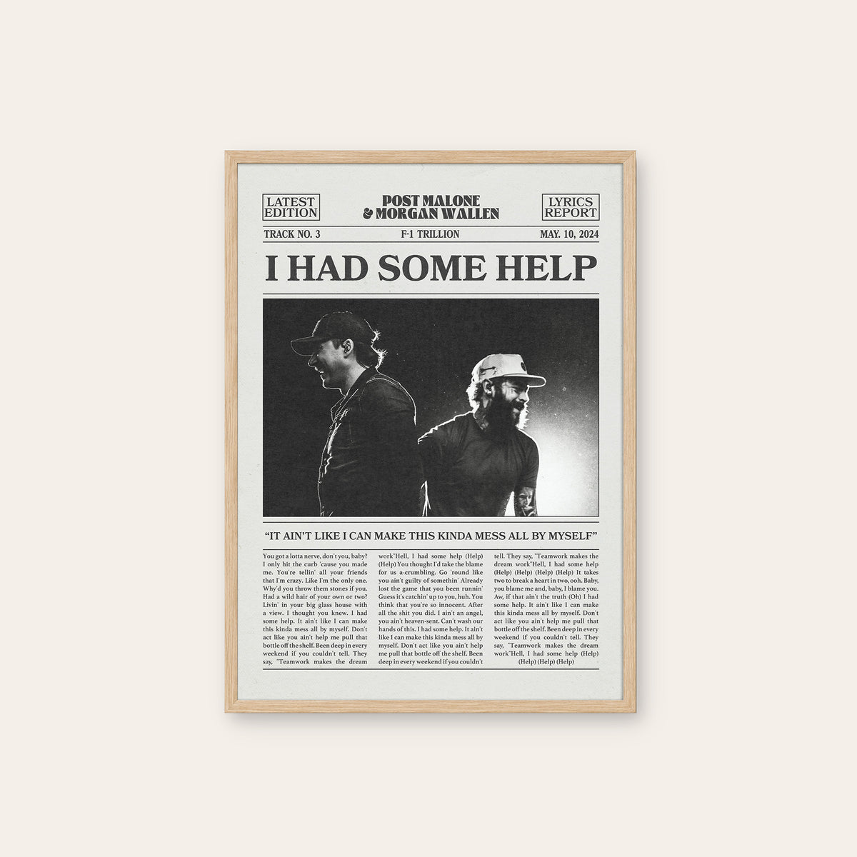 Post Malone & Morgan Wallen I Had Some Help newspaper poster — natural wood frame