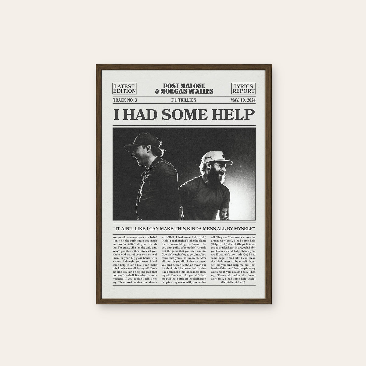 Post Malone & Morgan Wallen I Had Some Help newspaper poster — dark wood frame