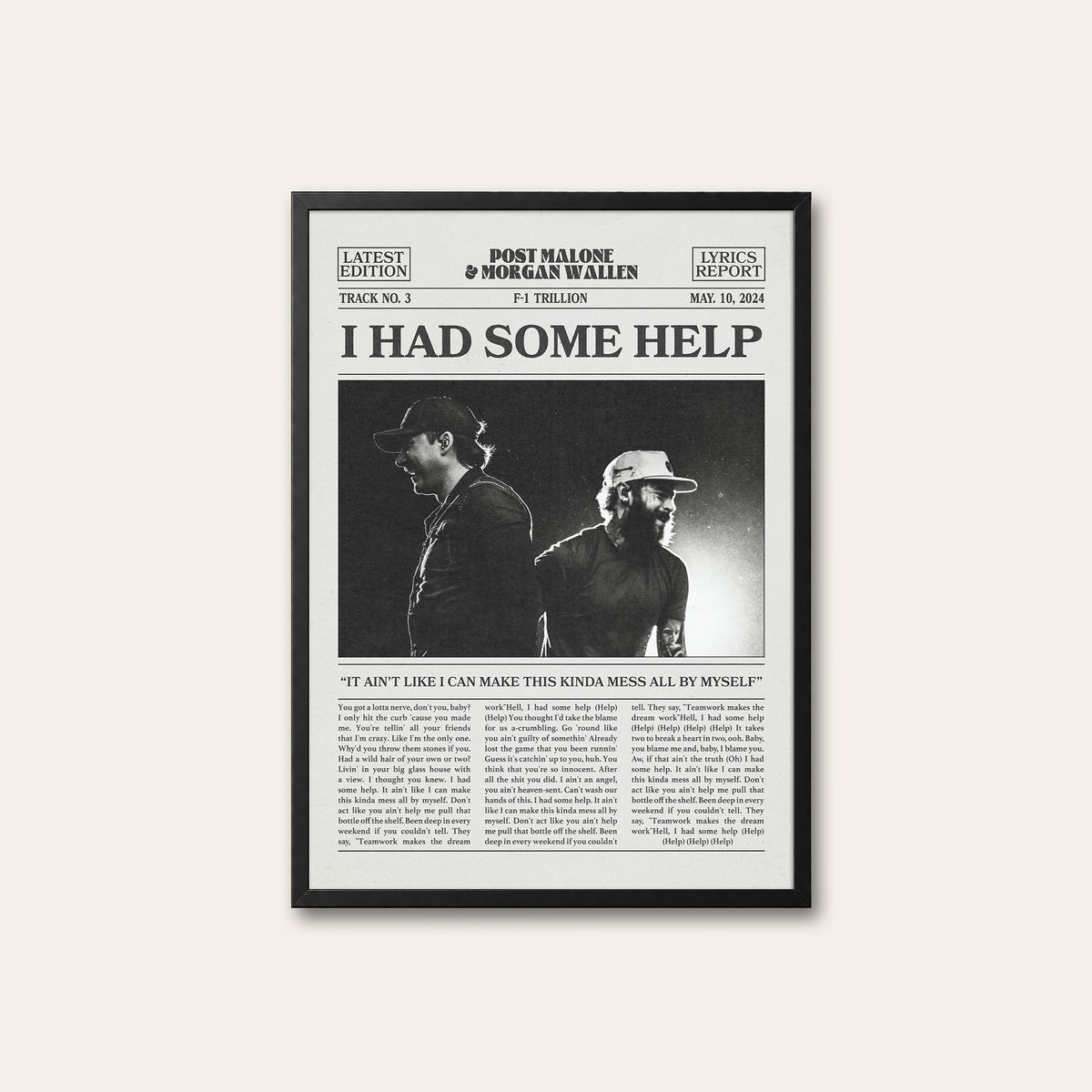 Post Malone & Morgan Wallen I Had Some Help newspaper poster — black frame