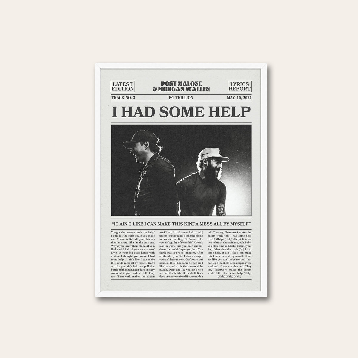 Post Malone & Morgan Wallen I Had Some Help newspaper poster — white frame