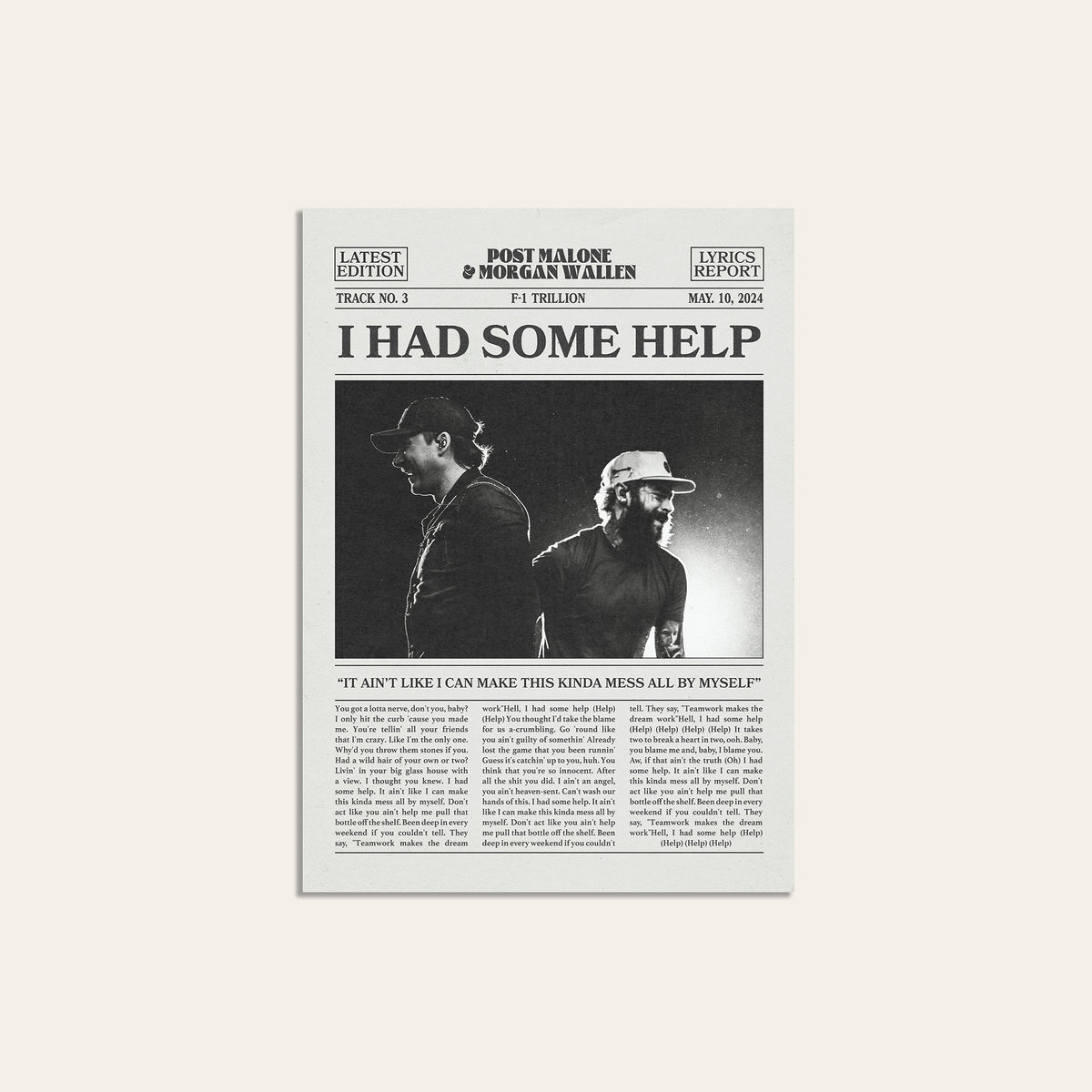 Post Malone & Morgan Wallen I Had Some Help newspaper poster — unframed print