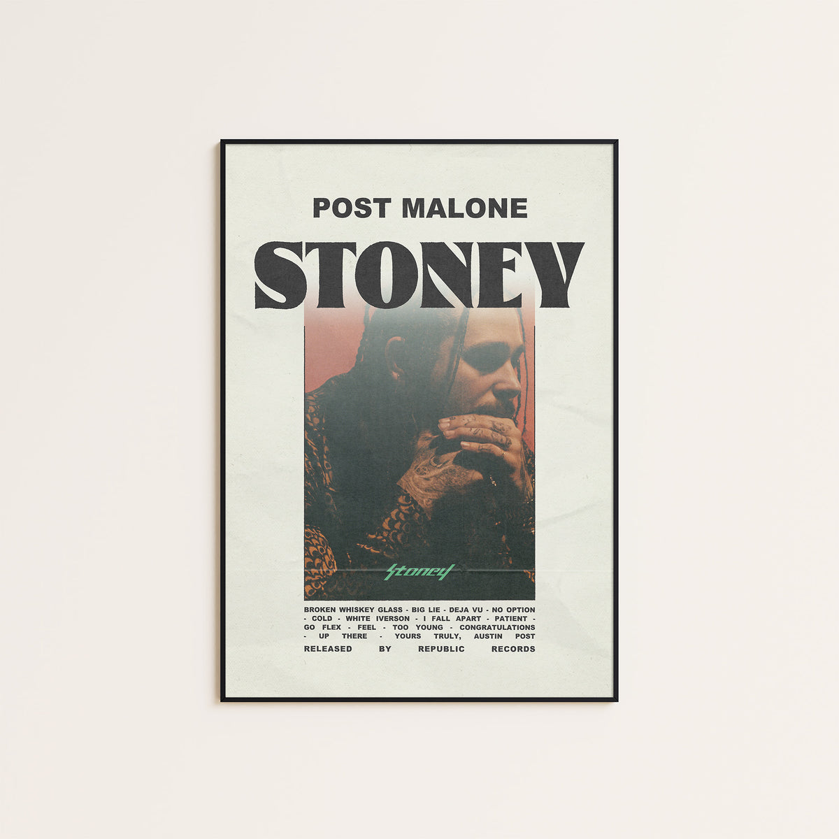 Post Malone Stoney album poster — black frame display