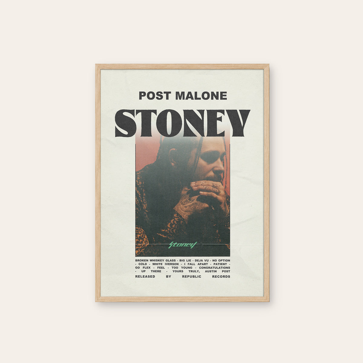 Post Malone Stoney album poster — natural wood frame