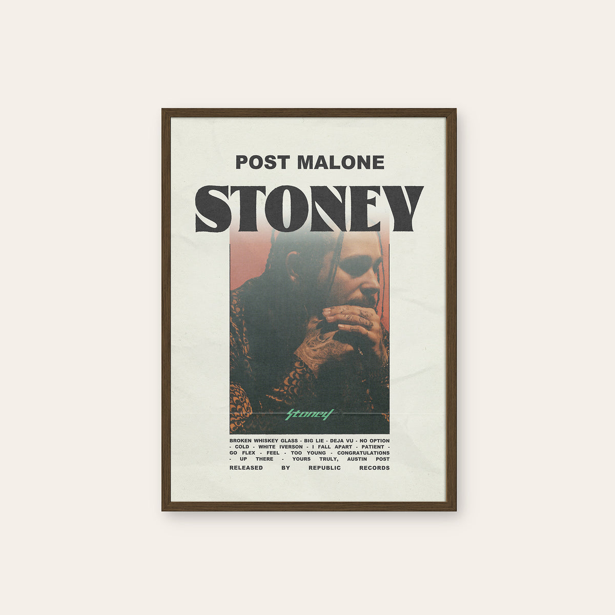 Post Malone Stoney album poster — dark wood frame