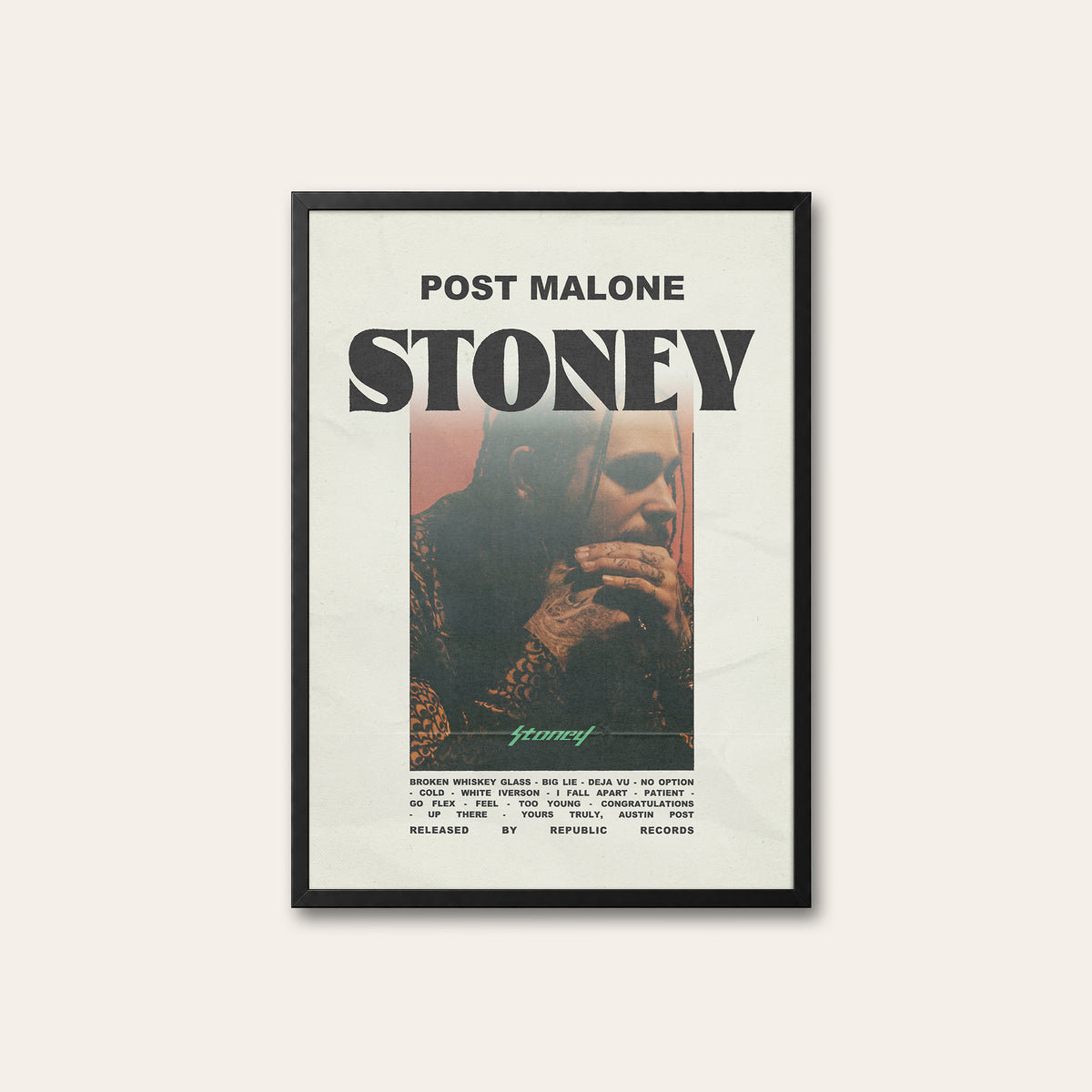 Post Malone Stoney album poster — black frame