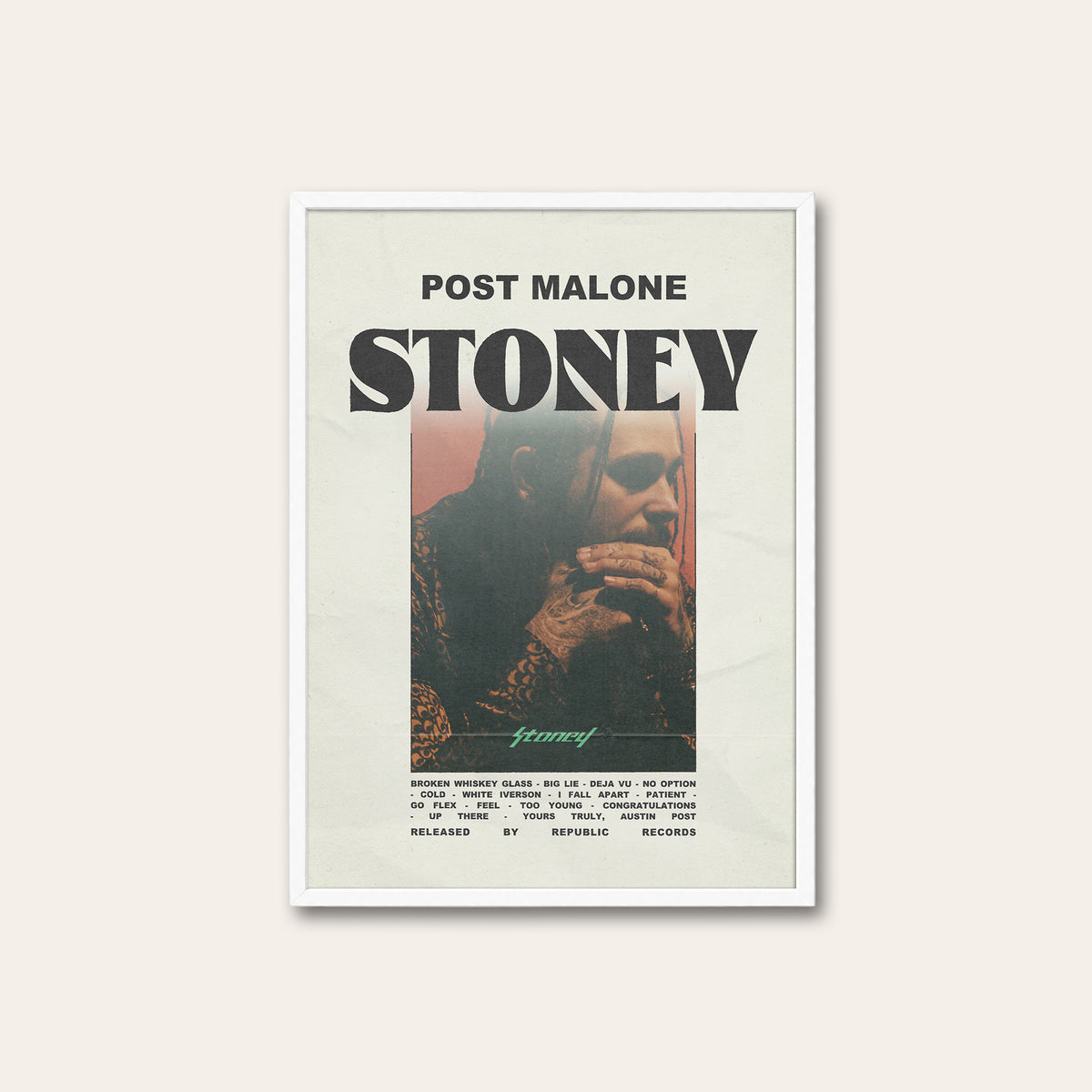 Post Malone Stoney album poster — white frame