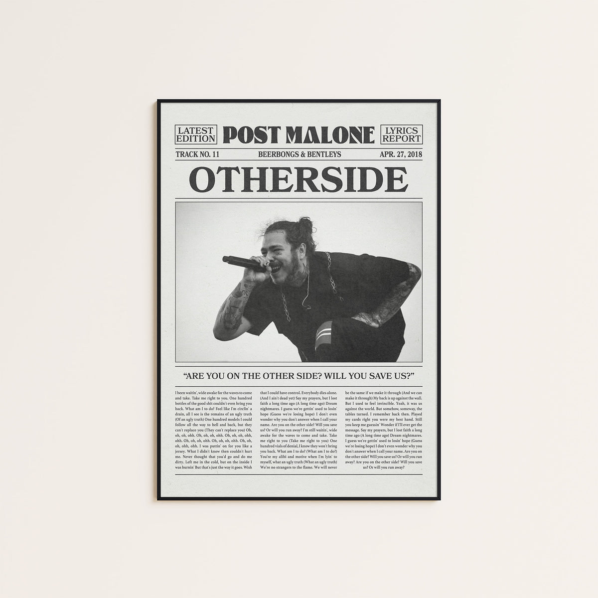 Post Malone Otherside newspaper poster — black frame display