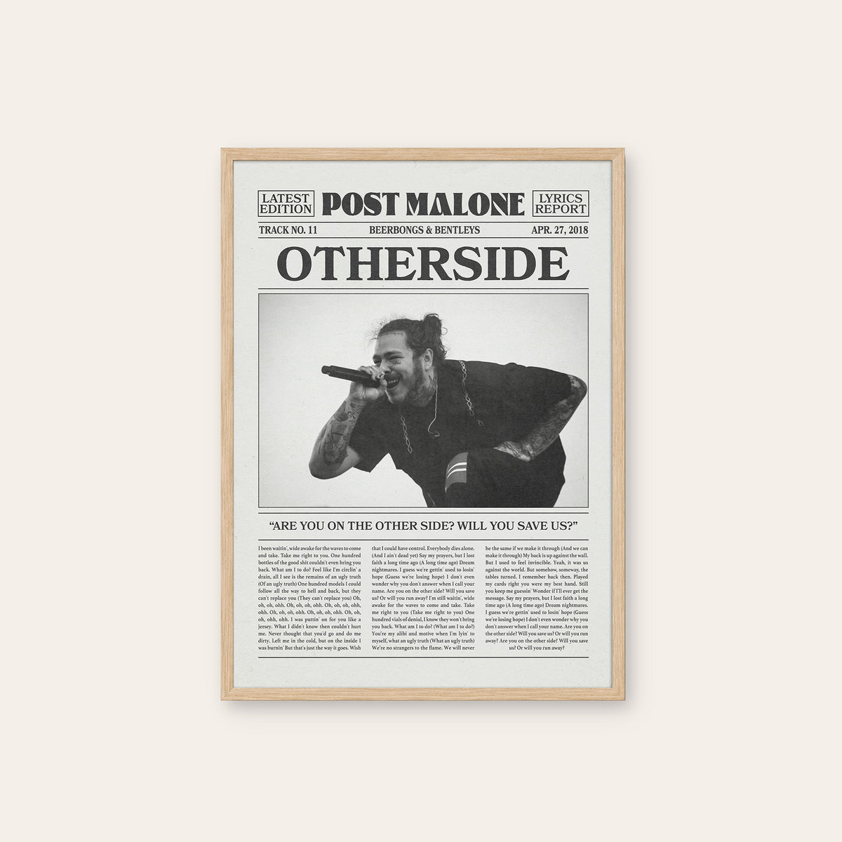 Post Malone Otherside newspaper poster — natural wood frame