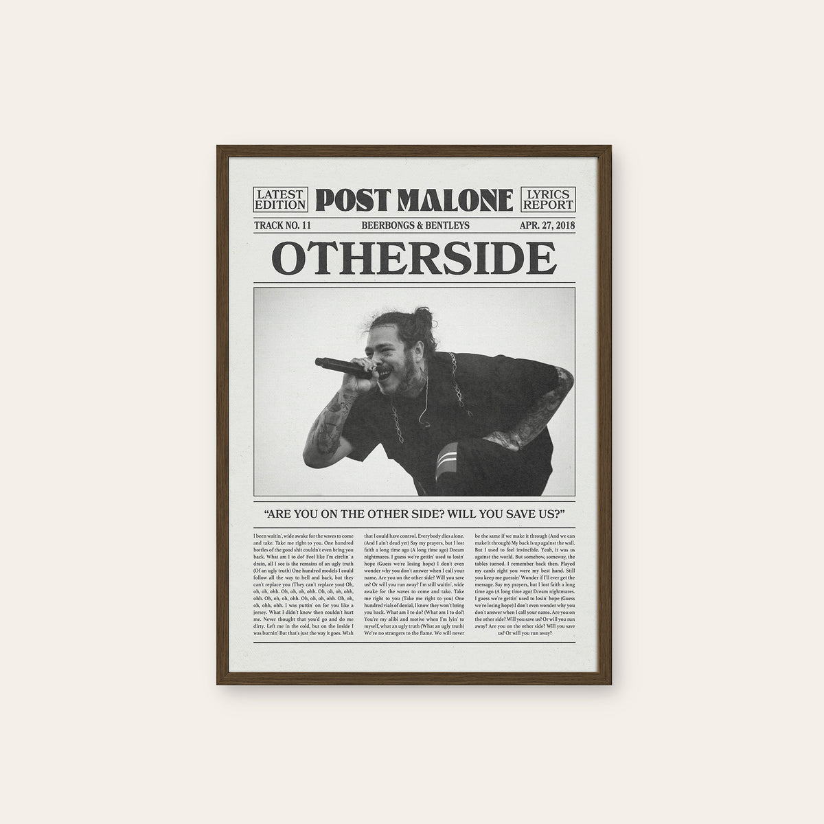 Post Malone Otherside newspaper poster — dark wood frame