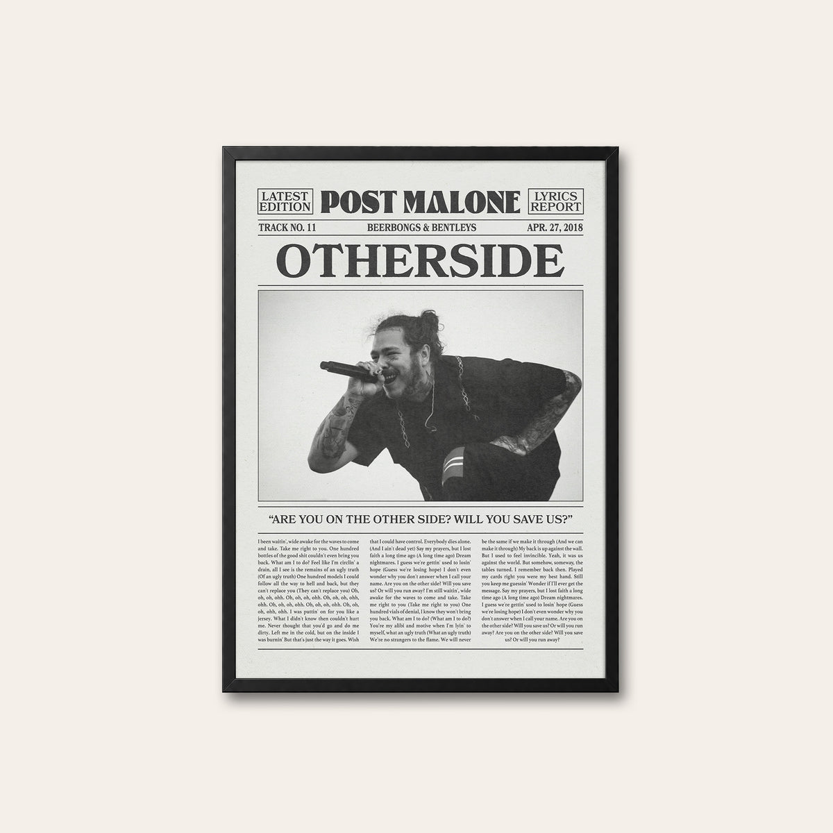 Post Malone Otherside newspaper poster — black frame