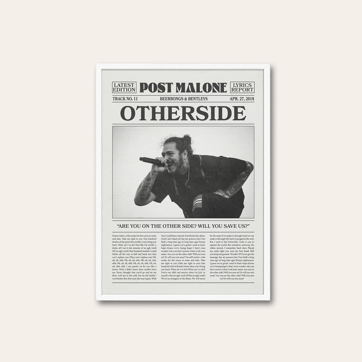Post Malone Otherside newspaper poster — white frame
