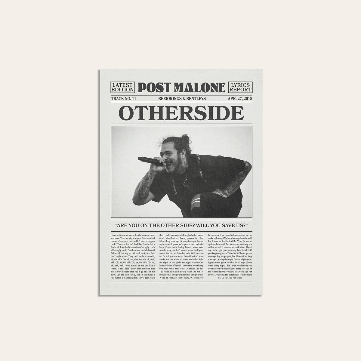 Post Malone Otherside newspaper poster — unframed print