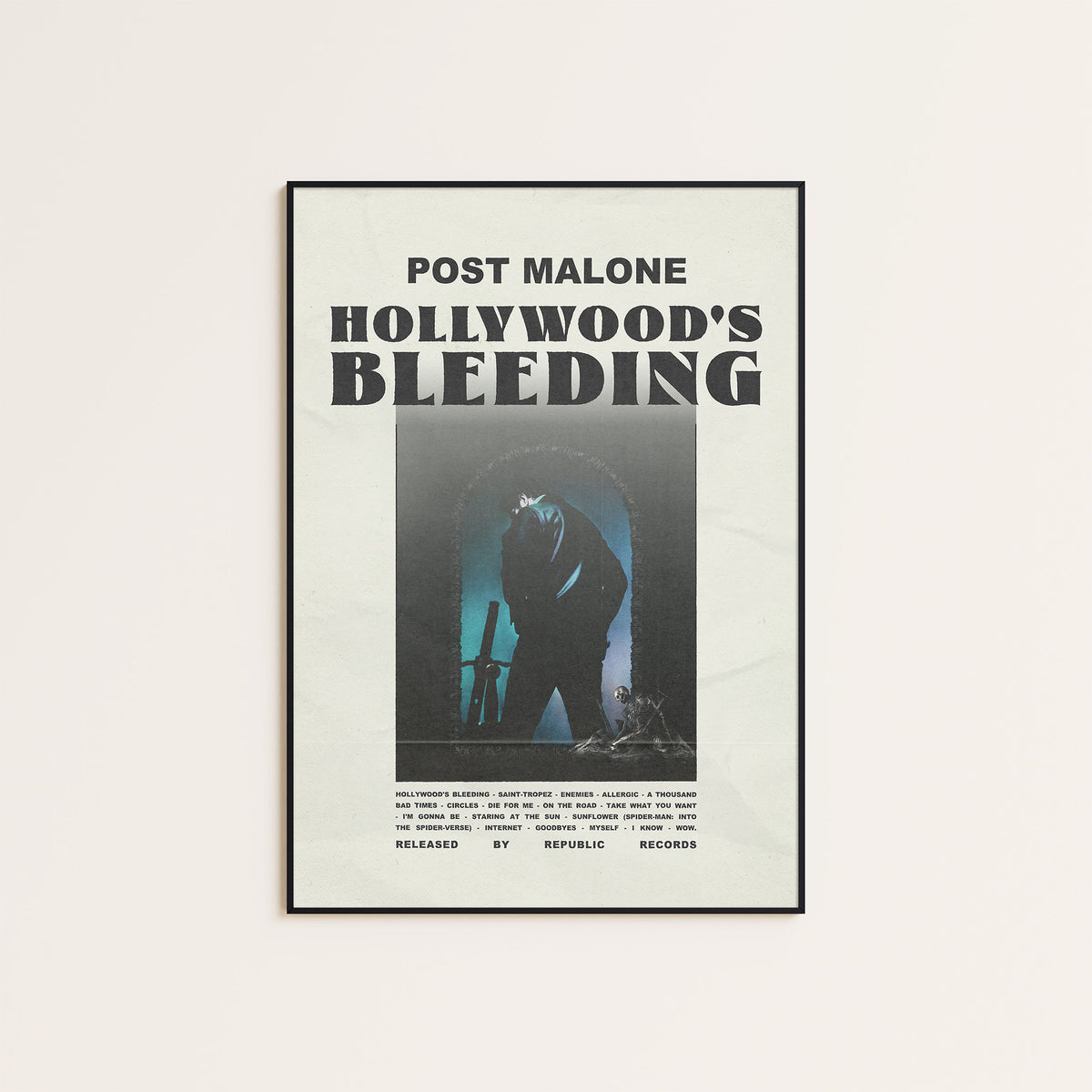 Post Malone Hollywood's Bleeding album poster — black frame display