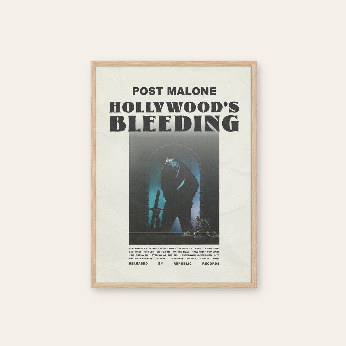 Post Malone Hollywood's Bleeding album poster — natural wood frame