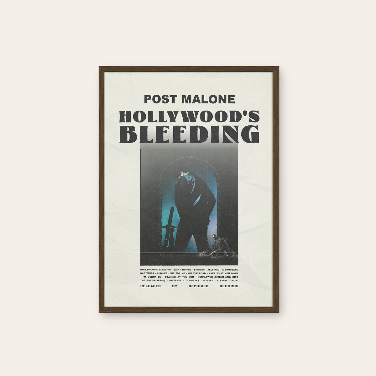 Post Malone Hollywood's Bleeding album poster — dark wood frame